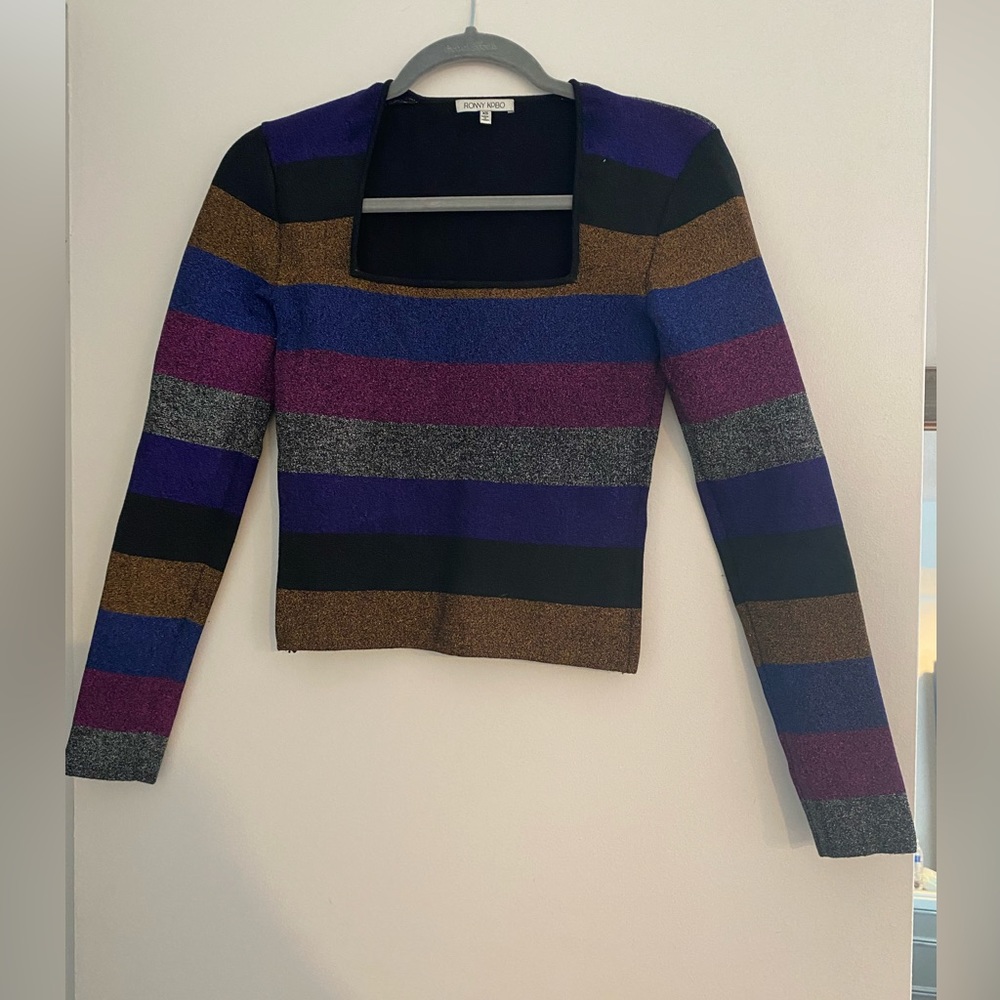Ronny Kobo Ginny Metallic Stripe Square Neck Top